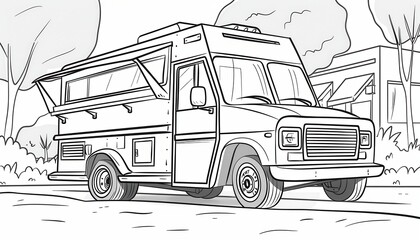 A food truck parked on a street with open awning. Perfect for coloring books, restaurant menus, or promotional materials.