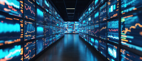 futuristic hallway with digital screens displaying financial data and stock market trends, creating dynamic and immersive environment