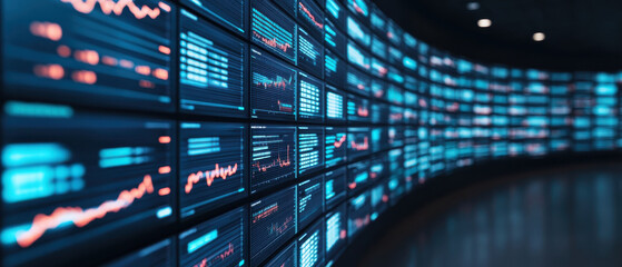 widescreen view of room filled with digital screens displaying financial data, graphs, and charts, creating dynamic and futuristic atmosphere