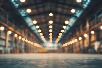 Abstract blurred interior of warehouse with light bokeh. Industrial background