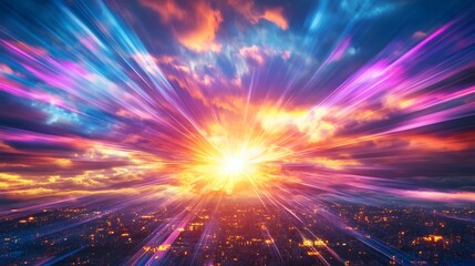 Obraz premium Vibrant Sunset Rays Over Illuminated Cityscape