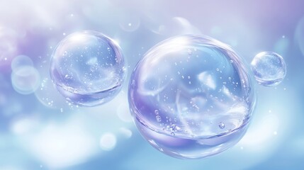 Three transparent floating spheres with light reflecting.