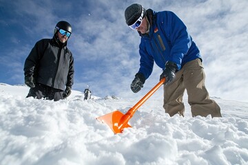 Rescuers navigate snowy mountains with gear and teamwork. Search and rescue operation Avalanche. AI generated image