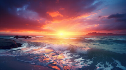 Obraz premium Stunning Sunset Over the Ocean Waves