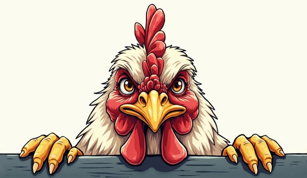 Angry rooster peeking over fence, farm animal cartoon mascot