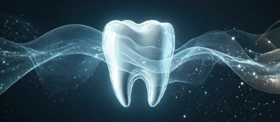 Glowing luminous 3D of a transparent ethereal tooth showcasing the advanced dental technology and innovative dental treatments that can help maintain strong healthy and aesthetically pleasing teeth