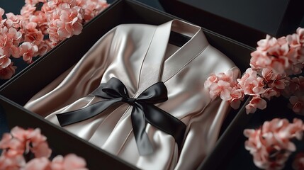 Monogrammed silk robe in luxury gift box, personalized fashion, 3D illustration.