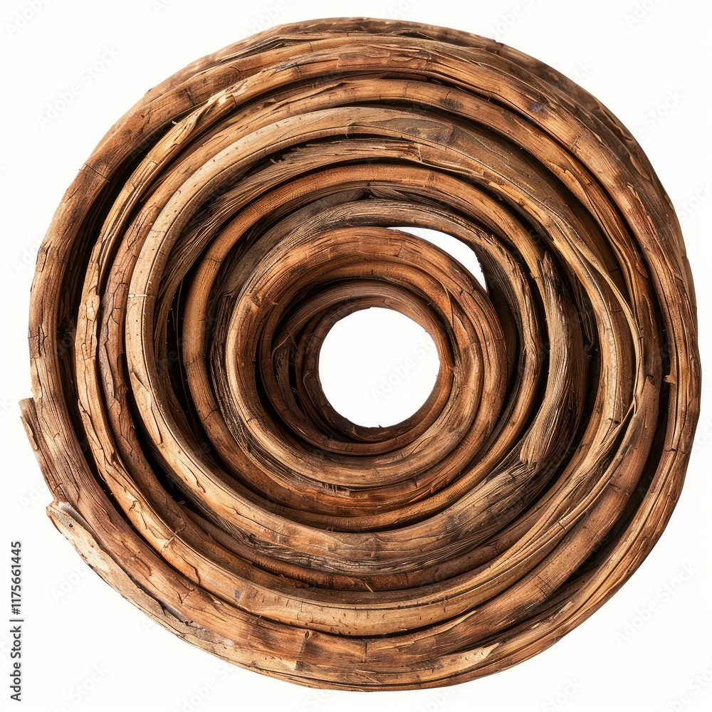 Poster close up of concentrically arranged twisted wood branches creating a circular pattern, isolated on w
