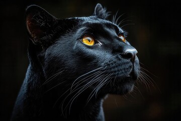 striking image of a black panther with piercing yellow eyes set against a pitchblack background emphasizing its stealth and elegance in an intense and powerful composition