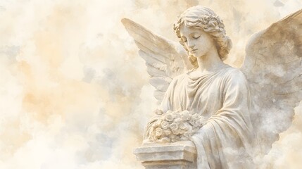 Obraz premium Serene Angel Statue Holding Flowers Watercolor Painting