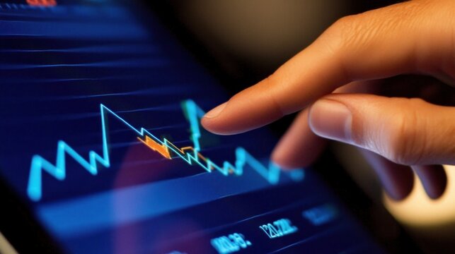 Close-up of a finger pointing at a downward stock market trend on a tablet screen.
