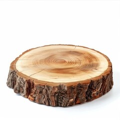 Polished cross section of tree trunk showing growth rings, isolated on white background