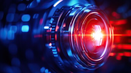 A close-up of a camera lens illuminated with blue and red light, showcasing intricate details and a vibrant focus point.