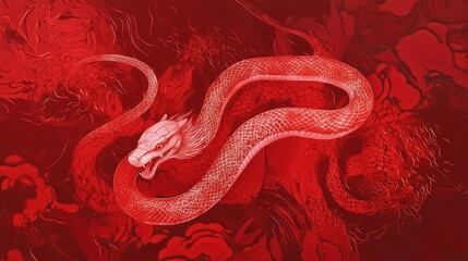 Glowing Red Snake Zodiac Illustration on Paper
