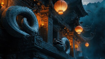 Fototapeta premium Serpentine Architecture with Lanterns and Mystical Details