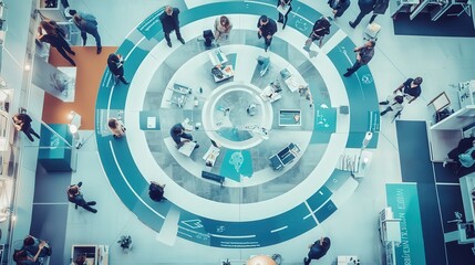 Aerial View of a Modern Exhibition Space Showing People Engaged in Various Activities Amidst Informational Displays and Contemporary Design Elements