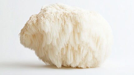 Close-up of a lion's mane mushroom, off-white, fluffy texture, isolated on white background.