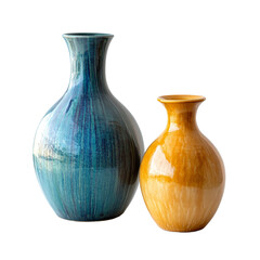 Two elegant vases in transparent and blue perched against a bright transparent background, beautiful vases on transparent background