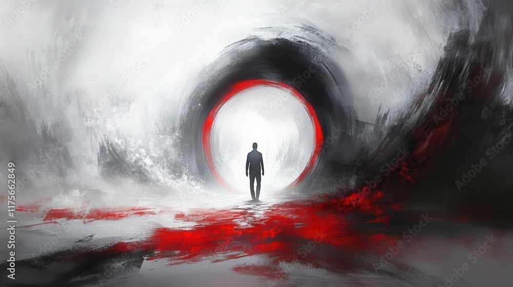 Poster man stepping into a vibrant portal symbolizing new horizons and beginnings, infused with dynamic sha