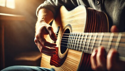Fototapeta premium Close-up of hands strumming an acoustic guitar in warm light