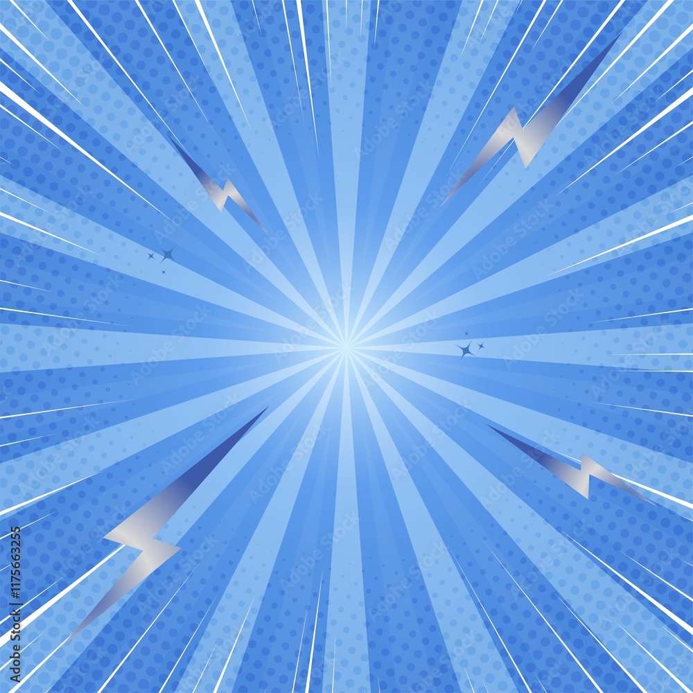 Poster dynamic blue comic book background with halftone and radial speed lines. perfect for action scenes.