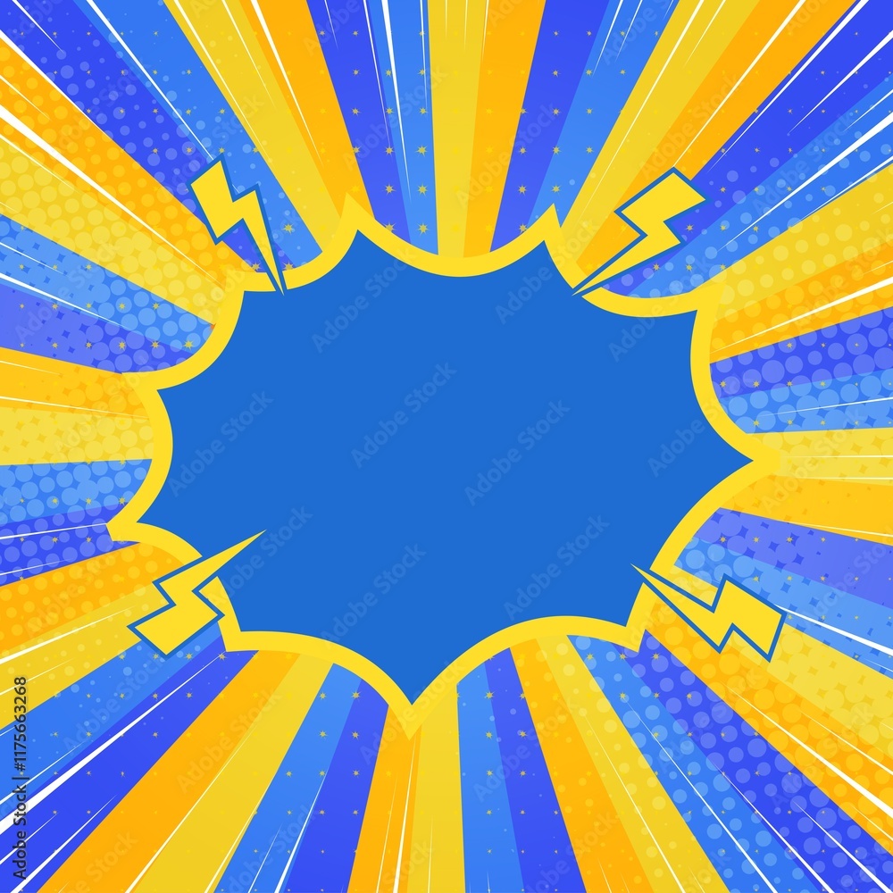 Aufkleber dynamic blue and yellow comic book background with halftone and radial speed lines. perfect for acti