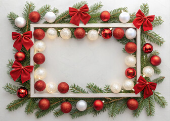 Christmas light frame decorated with red and white baubles, bows and fir branches. Copy space in the center
