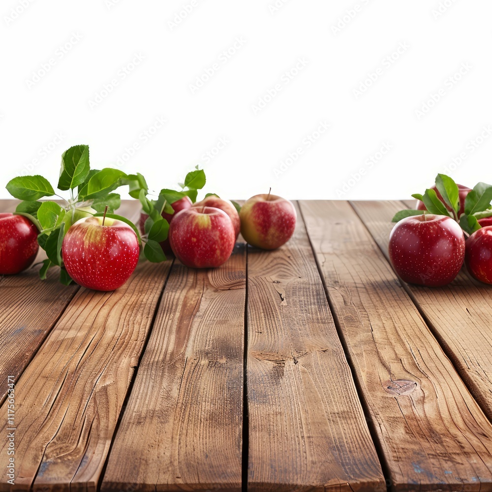 Poster freshly picked red apples with leaves are arranged on a rustic wooden table, creating a simple yet a
