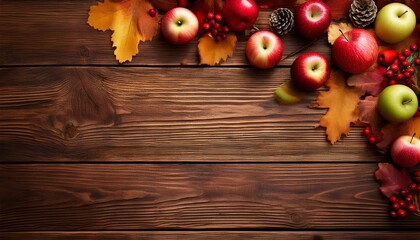 autumn corner border of apples and fall components on a country wood background with reproduction space