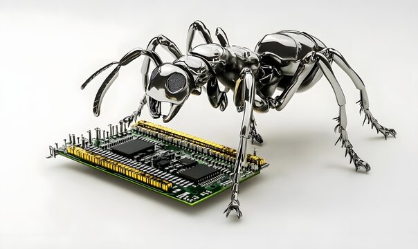 Metallic ant robot inspecting circuit board.
