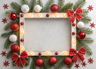 Christmas light frame decorated with red and white baubles, bows and fir branches. Copy space in the center
