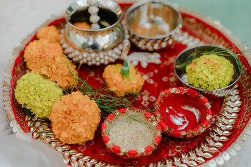 Beautifully Decorated Pooja Thali for festival celebration to worship.