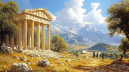 Ancient Greek temple with majestic marble columns, adjacent amphitheater, serene olive grove in lush background