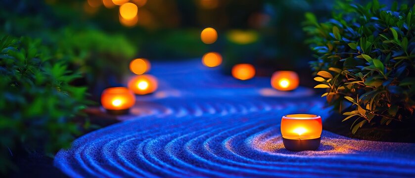 A serene garden pathway illuminated by glowing candles, creating a tranquil ambiance amidst lush greenery.