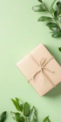 Gift box with natural leaves on green background