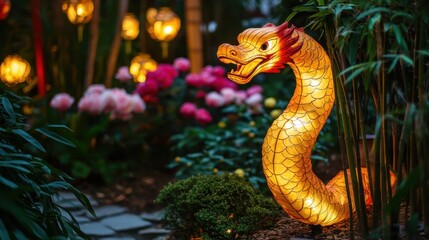 Fototapeta premium Glowing Snake Lantern in a Garden Setting