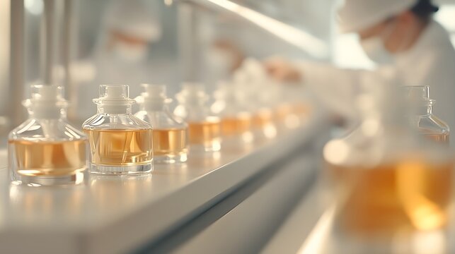 Laboratory perfume production with yellow fragrances in modern facility, suitable for cosmetic industry marketing, scientific content, manufacturing processes, corporate presentations, business