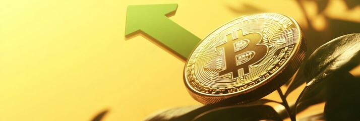 Golden bitcoin growing on plant with green upward arrow representing increasing price, investment, and financial growth in cryptocurrency market