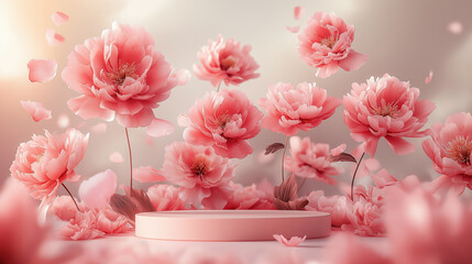 Pink peony blossoms floating in a dreamy soft light with petals