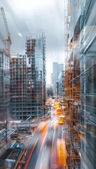 Fototapeta premium Dynamic construction scene blurred urban background showcasing ongoing building development