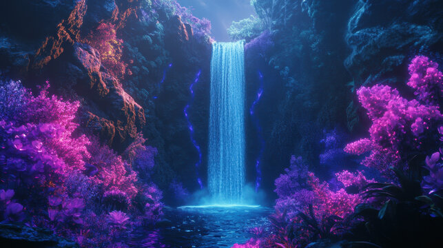 Vibrant fantasy waterfall with glowing plants.