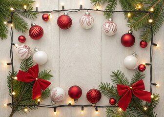 Christmas light frame decorated with red and white baubles, bows and fir branches. Copy space in the center