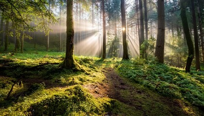 solar rays illuminating a forest course creating a paranormal scene