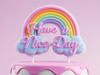 3D render of a kawaii cake topper featuring a whimsical rainbow and fluffy clouds. The words "Have a nice day"