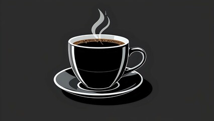 Obraz premium Stylish black coffee cup and saucer; steaming hot coffee; dark background; minimalist design; perfect for cafe menus, coffee shop branding, and websites.