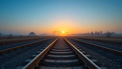 Railroad Tracks Extend to Sunrise, Sunrise over industrial railway tracks, a path to the future.