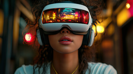 Woman immersed in virtual reality headset displaying a vibrant cityscape