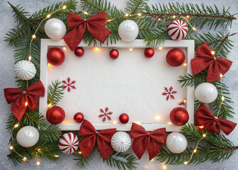 Christmas light frame decorated with red and white baubles, bows and fir branches. Copy space in the center