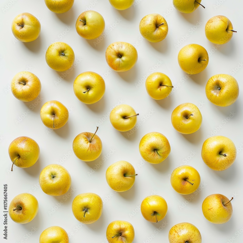 Poster fresh yellow golden delicious apples arranged in diagonal lines on a white background, creating a vi