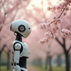 A robot with a head and two arms stands amidst cherry blossom trees, with its sensors on and a soft pink backdrop.